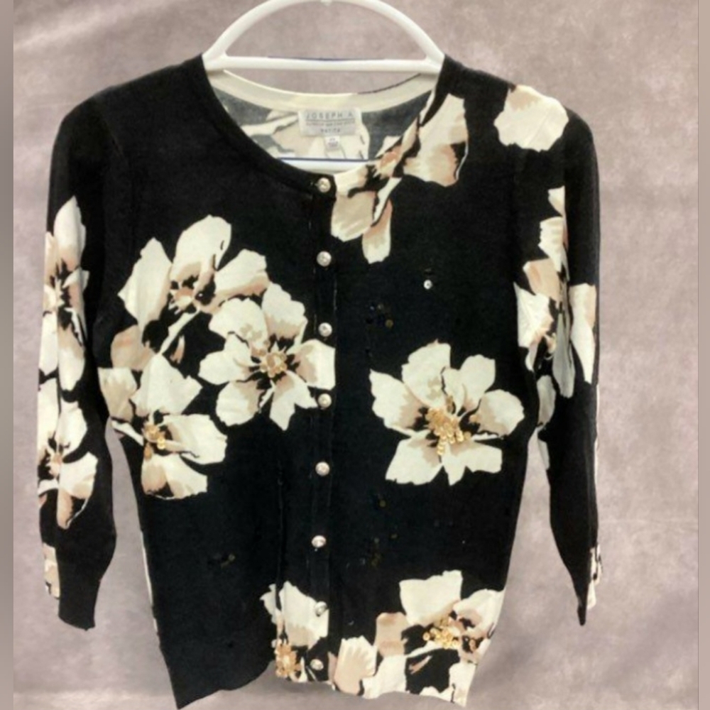 Beaded Embellish Joseph A MAGNOLIA print Beaded Cardigan Sequins ,Crystal Button